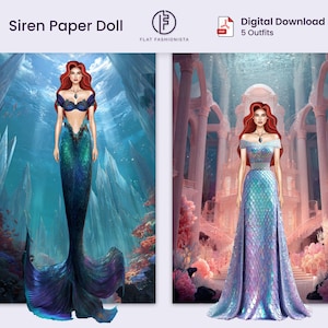 Siren Paper Doll | Mermaid Printable Bundle with Outfits | Ocean Outfits with Accessories | Dress Up Doll | Digital Download | Printed Art