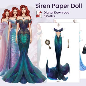 Siren Paper Doll | Mermaid Printable Bundle with Outfits | Ocean Outfits with Accessories | Dress Up Doll | Digital Download | Printed Art