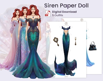 Siren Paper Doll | Mermaid Printable Bundle with Outfits | Ocean Outfits with Accessories | Dress Up Doll | Digital Download | Printed Art