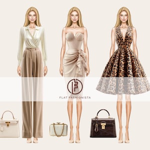 May include: Fashion illustration featuring three stylized figures showcasing elegant outfits. The first figure wears a cream-colored blouse and wide-leg trousers, with a white handbag. The second figure is in a beige dress. The third figure is in a leopard print dress, with a dark brown handbag.