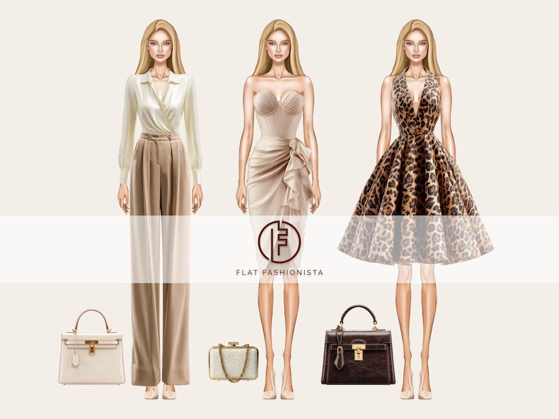 May include: Fashion illustration featuring three stylized figures showcasing elegant outfits. The first figure wears a cream-colored blouse and wide-leg trousers, with a white handbag. The second figure is in a beige dress. The third figure is in a leopard print dress, with a dark brown handbag.