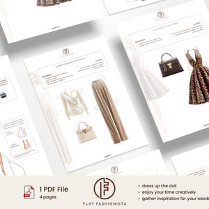 May include: A digital fashion design PDF file with four pages. The pages feature illustrations of outfits, including a business ensemble and a party dress. The file includes the text "dress up the doll", "enjoy your time creatively", and "gather inspiration for your wardrobe".