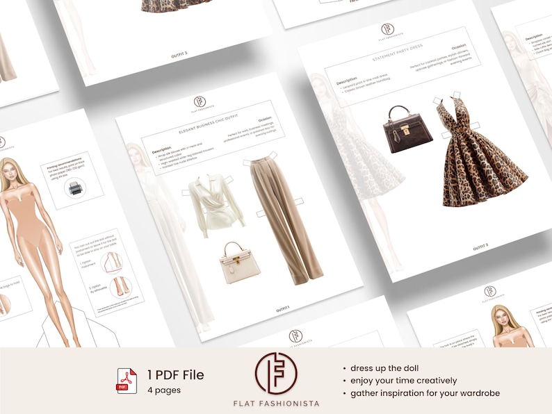 May include: A digital fashion design PDF file with four pages. The pages feature illustrations of outfits, including a business ensemble and a party dress. The file includes the text "dress up the doll", "enjoy your time creatively", and "gather inspiration for your wardrobe".