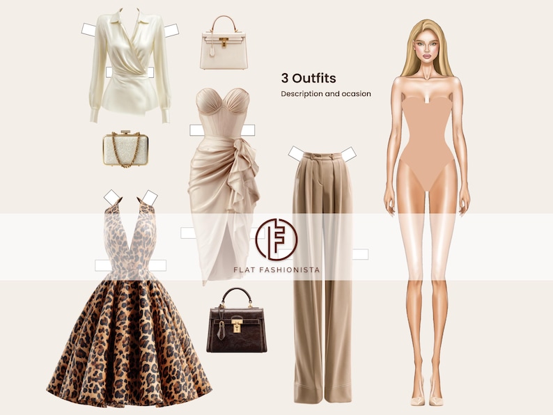 May include: An illustration of three outfits with accessories. The outfits include a cream-colored wrap top, a bustier dress, and high-waisted pants. Accessories include handbags and a clutch. The text "3 Outfits Description and occasion" is visible.