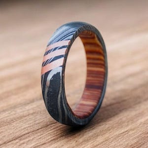5mm Damascus Steel Whiskey Barrel Steel Rings Dome Promise Ring Wedding Ring Damascus Steel Rings Wood Inlay Engagement Ring Wedding Band