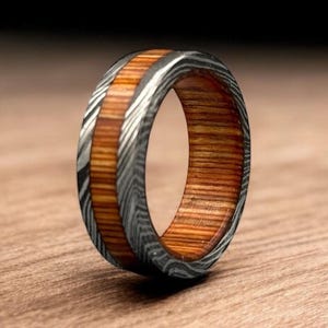 Natural Wood Color Inlay Damascus Steel Whiskey Barrel Wedding Ring Damascus Steel Rings Wood Mens Promise Ring Engagement Ring Wedding Band
