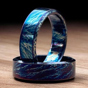 Unique Titanium Ring Pair Flat Shaped Ring Colorful Random Titanium Pattern Heat Anodized Handcrafted Men Personalized Gift Anniversary