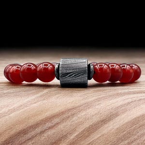 Red Jasper Bead Bracelet | Men’s Damascus Steel Bracelet | Healing Crystal Jewelry | Boho Beaded Bracelet for Him & Her
