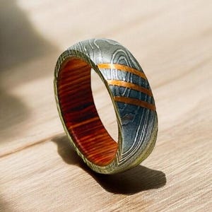 Damascus Steel Whiskey Barrel Steel Rings Dome Promise Ring Wood Wedding Ring Damascus Steel Rings Wood Inlay Engagement Ring Wedding Band