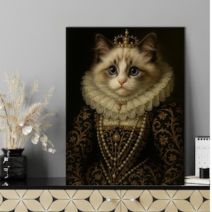 Ragdoll Cat in Royal Dress – Renaissance Pearl Crown Portrait | 12×16 in Canvas Panel Art　