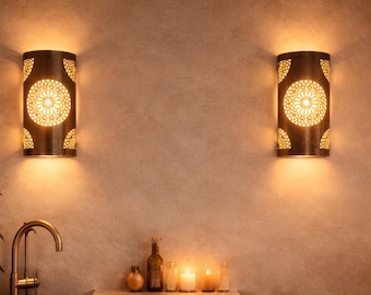 2 Set Hand-Carved Copper Moroccan Wall Light, Boho Ambiance Lamp, Indoor Outdoor Lighting