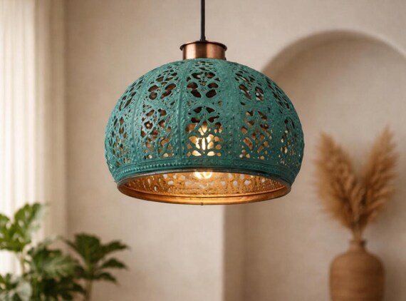 Handmade Green Patina Pendant Light, Moroccan Copper Dome Lamp