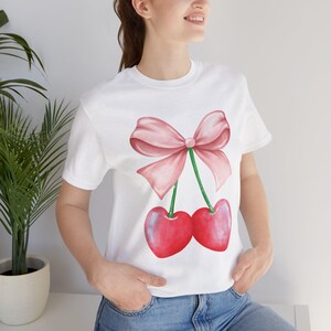 Cherry Bow T-Shirt  Cute Graphic Tee for Her   Summer Fruit Shirt  Kawaii Aesthetic Top  Gift for Teen Girl  Sweetheart Cherry Tee