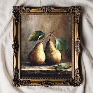 May include: An antique framed still life painting featuring two pears with green leaves. The pears are a mix of green and brown, set against a muted background. The ornate gold frame adds a vintage touch.
