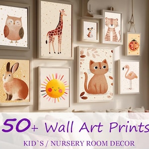 Bundle of 50 Nursery Prints - Kids Room Wall Art Collection - Baby Room Decor - Playful Animal Prints - Eclectic Nursery Wall Art