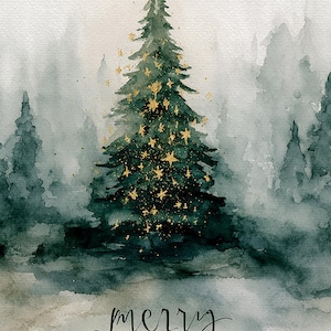 Puede incluir: Pintura a la acuarela de un árbol de Navidad con adornos de estrellas doradas y una estrella en la parte superior. El árbol está en un bosque brumoso con las palabras "merry christmas" en cursiva. La paleta de colores es verde, dorado y blanco.