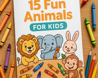 May include: A children's coloring book titled "15 Fun Animals FOR KIDS" featuring illustrations of a lion, elephant, rabbit, and monkey. The book is surrounded by colorful crayons and pencils on a wooden surface.