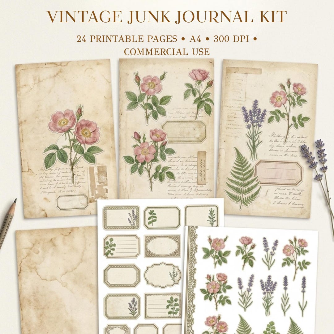 Vintage Botanical Junk Journal Kit – Floral Ephemera, Antique Papers ...
