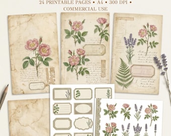 Vintage Botanical Junk Journal Kit – Floral Ephemera, Antique Papers (Digital Download)