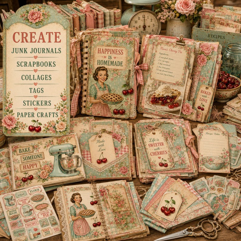 Kitchen junk journal supplies for creating scrapbooks, junk journals, collage art, paper crafts, tags and recipe journals.