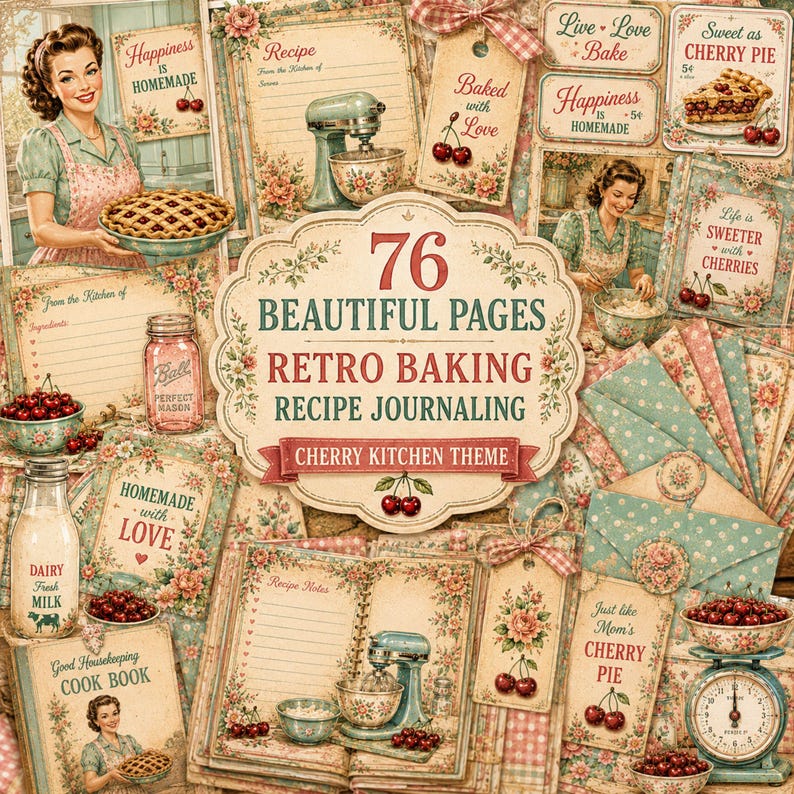 Vintage kitchen printable bundle with 76 retro baking journal pages, recipe cards, cherry themed ephemera and farmhouse kitchen designs.