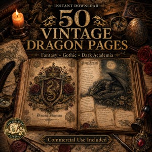 Dragon Junk Journal Pages, Fantasy Printable Kit, Vintage Dragon Ephemera, Medieval Journal, Dark Academia