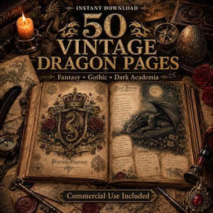 以下が含まれることがあります： 「50 Vintage Dragon Pages」と題された開かれたヴィンテージ本の画像。本にはドラゴンのイラストとテキストが掲載されています。画像は、ろうそく、コンパス、バラを備えた、ダークアカデミアをテーマとしています。テキストには「Fantasy、Gothic、Dark Academia」が含まれています。