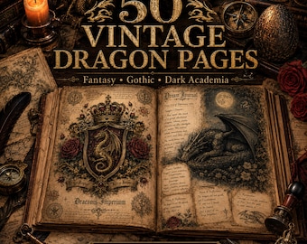 Dragon Junk Journal Pages, Fantasy Printable Kit, Vintage Dragon Ephemera, Medieval Journal, Dark Academia