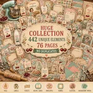Kitchen junk journal kit featuring 442 unique elements and 76 printable pages with vintage kitchen ephemera, recipe cards, tags, labels, envelopes, clusters and background papers.