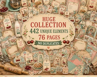 Kitchen Junk Journal Kit, Vintage Kitchen Ephemera, Recipe Junk Journal, 442 Elements, 76 Pages, Collage Sheets, Printable Kit