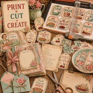Printable kitchen ephemera sheets ready to print and cut featuring recipe cards, labels, tags, tickets and vintage baking illustrations.