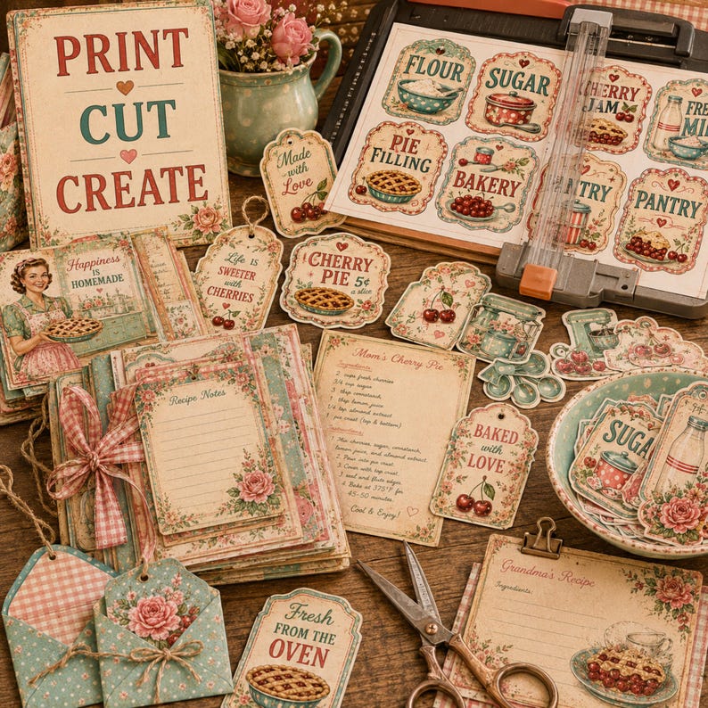 Printable kitchen ephemera sheets ready to print and cut featuring recipe cards, labels, tags, tickets and vintage baking illustrations.