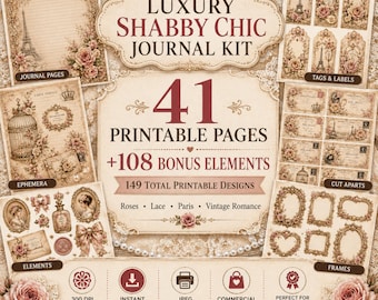 Junk Journal Kit, Shabby Chic Junk Journal, Vintage Ephemera, 41 Printable Pages, French Ephemera