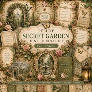 Op de afbeelding: Een Deluxe Secret Garden junk journal kit met 127 pagina's aan botanisch papier, labels, zakjes, ephemera, tickets en kaders. De collectie bevat illustraties van tuinhekken, fonteinen, vlinders en rozen.