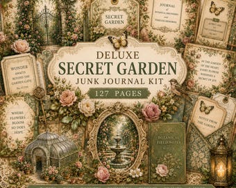 Secret Garden Junk Journal Kit, 127 Pages Printable Ephemera Bundle, Tags, Papers, Pockets, Frames, Garden Journal