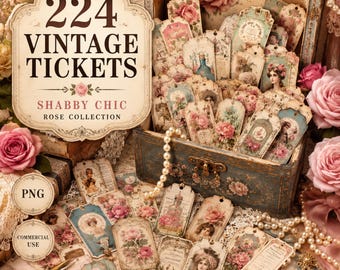 Junk Journal Tags Bundle, 224 Vintage Tickets PNG, Printable Ephemera, Shabby Chic Rose Tags, Victorian Journal Kit