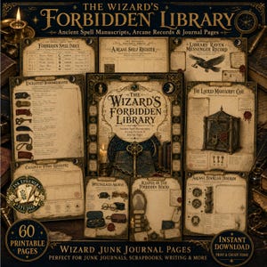 May include: A collection of 60 printable pages titled The Wizard's Forbidden Library, featuring vintage-style parchment paper with illustrations of spell manuscripts, arcane records, journal pages, a raven, a locked case, and keys.