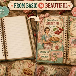 Recipe junk journal transformation using vintage kitchen ephemera, printable journal pages, labels, tags and collage elements.