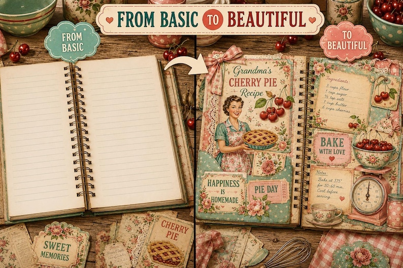 Recipe junk journal transformation using vintage kitchen ephemera, printable journal pages, labels, tags and collage elements.