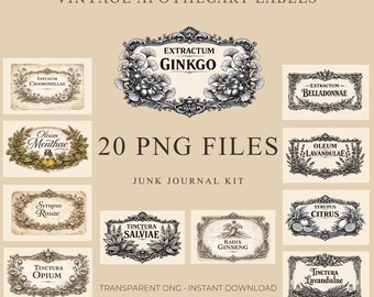 apothecary labels vintage PNG, junk journal kit, printable ephemera, botanical victorian labels, digital download, journal ephemera