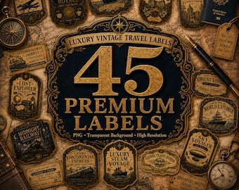 Junk Journal Kit, 45 Vintage Travel Labels PNG, Travel Ephemera, Printable Ephemera, Vintage Journal Kit