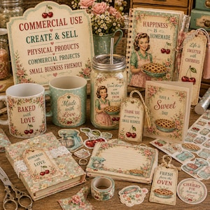 Commercial use kitchen junk journal kit for creating journals, stickers, scrapbook projects, printable crafts and small business products.