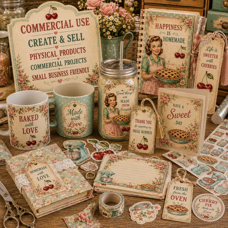 Commercial use kitchen junk journal kit for creating journals, stickers, scrapbook projects, printable crafts and small business products.