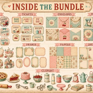 Kitchen ephemera bundle preview showing recipe cards, journal pages, tags, labels, envelopes, frames, clusters, collage sheets and printable papers.