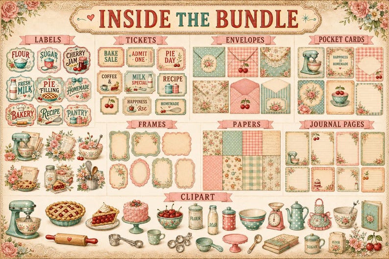 Kitchen ephemera bundle preview showing recipe cards, journal pages, tags, labels, envelopes, frames, clusters, collage sheets and printable papers.