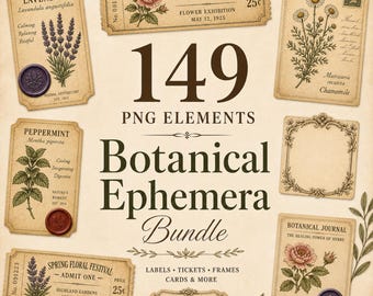 Apothecary Labels Botanical Ephemera Bundle 149 PNG, Junk Journal Kit, Vintage Labels, Printable Ephemera, Victorian Labels