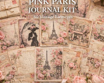 Pink Paris Junk Journal Kit, Vintage Ephemera, Printable Romantic Scrapbook Pages (Digital Download)