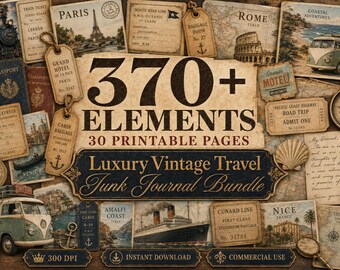 Junk Journal Kit, Vintage Travel Journal, 370+ Ephemera Bundle, Paris Rome Train Adventure, Printable Pages