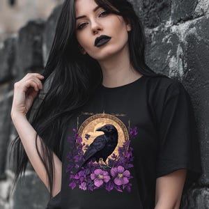 Raven Dark T-Shirt with Flowers, Raven Moon Shirt, Gothic Bird Tee, Raven Witch Shirt, Mystical Nature Shirt, Crow Aesthetic Tee,Fantasy Tee