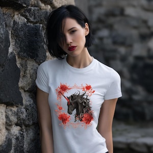 Black Unicorn T-Shirt, Mystical Creature Fantasy Tee, Dark Fantasy Unicorn, Dark Magical Creature Tee, Enchanted Unicorn Shirt, Fire Unicorn